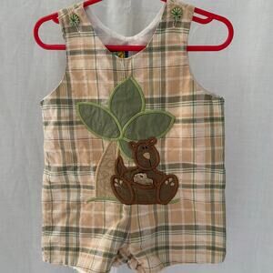 Picture Me Vintage Monkey Romper Size 12 Months Embroidered Plaid